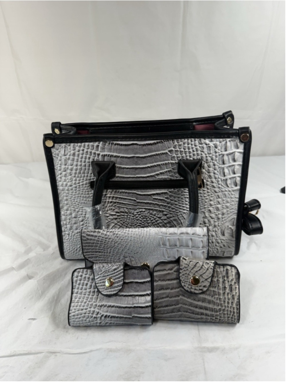 Crocodile Embossed 3 Piece Handbag Set Coin Purse & Wallet Black Grey